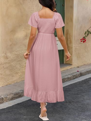 Image of BTFBM Womens Summer Dresses 2026 Casual Short Sleeve V Neck Drawstring Wedding Guest Maxi Dresses Boho Beach Long Dress