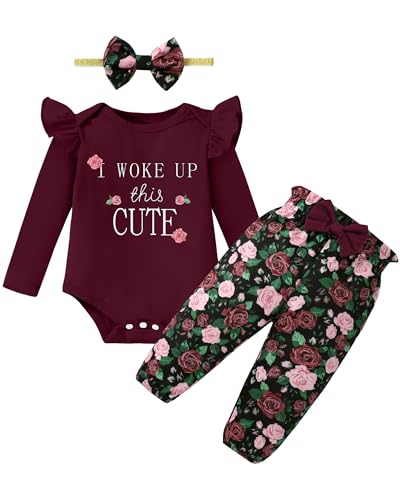 Image of Latnnut Baby Girl Clothes Newborn Infant Cotton Ruffle Romper+ Floral Pants + Headband Sets Fall Winter Outfits