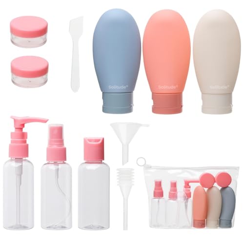 Image of Solitude 11 PCS Travel Bottles Kit for Toiletries Organizer Leak Proof Refillable Squeezable Containers Set with Clear Storage Bag for Lotion Shampoo Conditioner Cosmetic Shower Gel Hand Wash