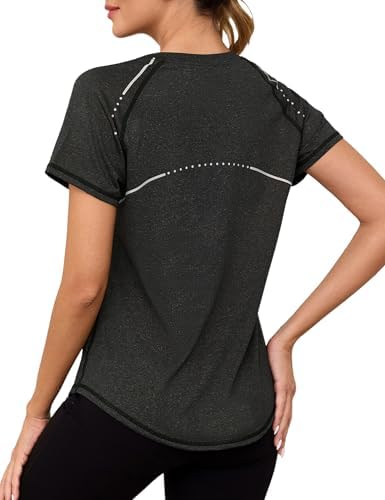 Gyabnw dames sport fitness T-shirt met korte mouwen V-hals ademend functioneel shirt licht sportbovendeel dames top voor fitness, groen, XL