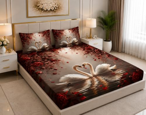 Image of 7D Digital Printed King Size Bedsheet | 240TC Premium Cotton Feel Microfiber with 2 Pillow Covers | Soft Breathable & Wrinkle Free Bedding Set | (RedDuck, King Size-90x100 Inch)