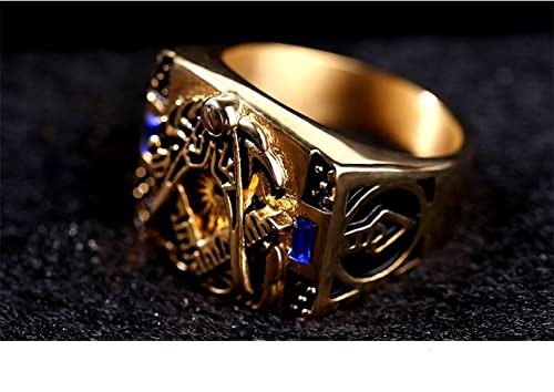 Freemason Ring Men’s Ring 18K Gold Plated Rings For Men Masonic Ring Steel Ring Band Rings For Men, Blue Crystal Signet Ring (10) #TOP2