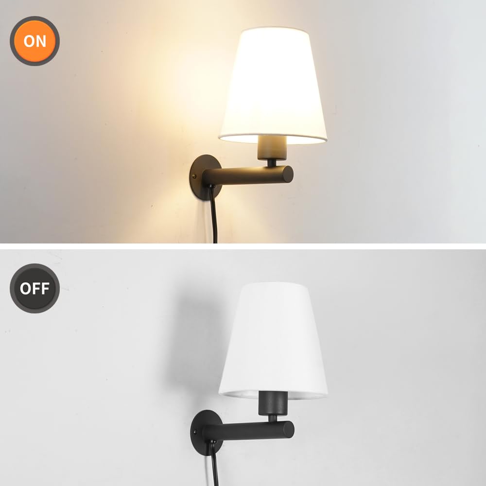 Juego de dos apliques de pared negros enchufables, lámpara de pared con interruptor de encendido/apagado con cable de enchufe, lámpara de pared negra enchufable, luz de pared de cabecera con tela de 4
