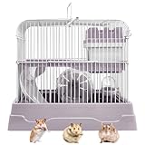 PINVNBY 2-Tier Dwarf Hamster Cage, Travel Portable Mouse Cage Gerbil Cages and Habitats Small Animal Carrier with Castle House Running Exercise Wheels, Water Bottle and Food Dish(Gray)