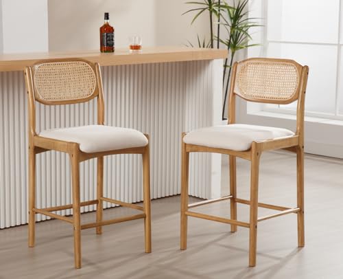 EALSON Rattan Counter Height Bar Stools Set of 2 Farmhouse Barstools with Cane Back Comfortable...