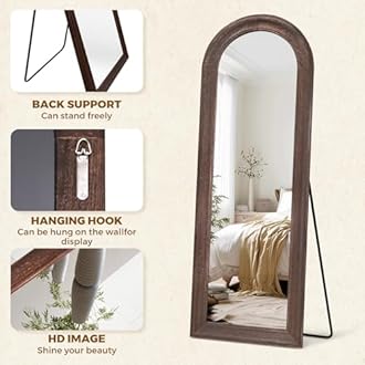 Solid Wood Full Length Mirror - 65"x22" Arched Floor Mirror, Free Standing & Wall Mounted - Elegant Design for Bedroom, Dressing Room, Hallway, Brown