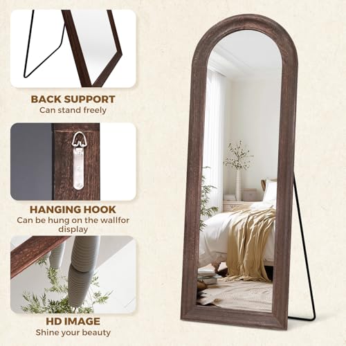 Solid Wood Full Length Mirror - 65"x22" Arched Floor Mirror, Free Standing & Wall Mounted - Elegant Design for Bedroom, Dressing Room, Hallway, Brown
