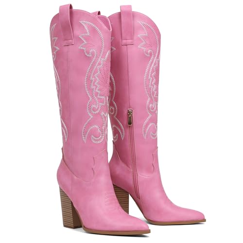 Image of VOMIRA Knee High Cowboy Boots for Women Pointed Toe Chunky High Heels Pull-on Embroidered Boots Western Boots Wide Calf Cowgirl Boots