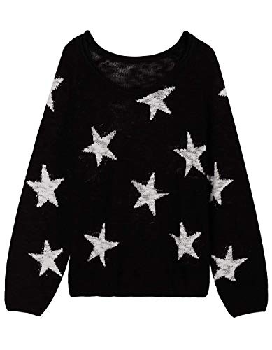 COCOLEGGINGS Women's V Neck Long Sleeve Star Sweater Jumper Pullover Black M