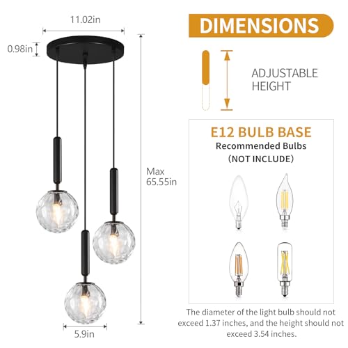 Image of Mid Century Globe Pendant Light with Clear Glass for Kitchen Island Modern Balck Finish Hanging Light Fixture Retro Round Pendant Lighting for Living Room Bedroom Entryway(3 Lights)