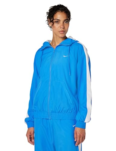 Nike Women's Sportswear Classic Wovens Loose UV Hooded Jacket, Light Photo Blue/White/Sail, X-Large