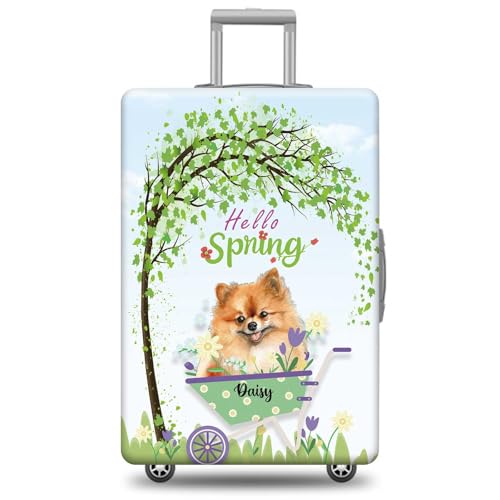 Custom Dog Name Luggage Cover Travel Suitcase Pomeranian with Hello Spring Design Machine Washable Suitcase Protector Fits 18-32 Inch Luggage