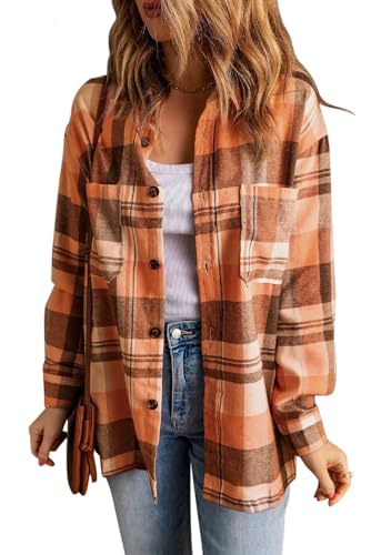 Womens Casual Flannel Plaid Shirts Oversized Lightweight Fall Shirt Coat Long Sleeve Button Down Shirts Blouse Tops2