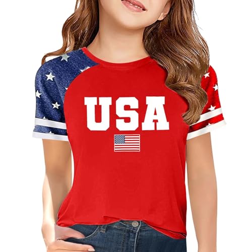 Girls Boys 4th of July American Flag Patriotic USA Shirt Kids Independence Day Tops Girl (Watermelon Red-2, 13-14 Years)