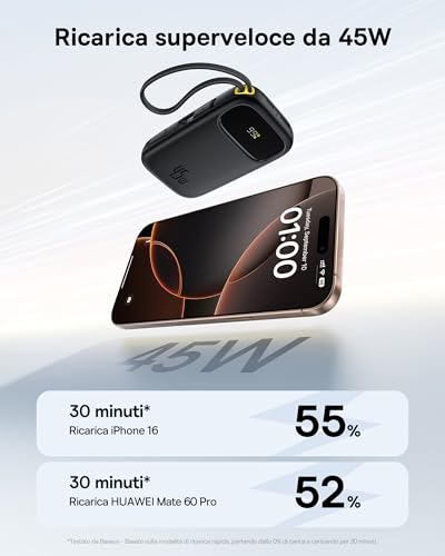 Baseus Powerbank 45W 20000mAh con 2 Cavi USB-C Integrati, Ricarica Rapida Power Bank PD3,0 QC4,0, 3 C 1 A, Caricatore Portatile per iPhone 16/15/14 Pro Max, iPad, Samsung, Nero - Immagine 1
