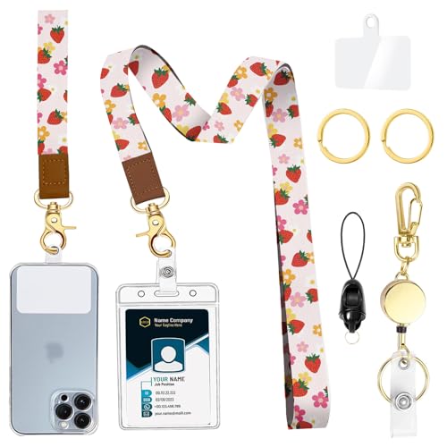 bolimoss Pink Strawberry Lanyard for Keys Keychain Lanyard Holder with Metal Clasp, ID Badges Cute Wrist & Neck Lanyards for Women Girl, Long Teacher Lanyards for Card Holder Car Key, Wallet