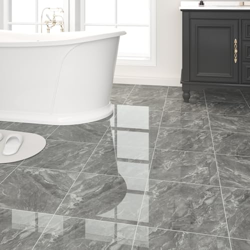 40-Pack 40 Sq.Ft Peel and Stick Floor Tiles Vinyl Glossy Pattern Flooring, 12” x 12” Self Adhesive Vinyl Flooring DIY for Kitchen, Bathroom, Laundry, Polish Dark Grey Marble