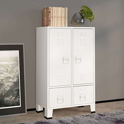 Festnight Armario Metalico Industrial, Armario Ropero con 2 Puertas y 2 Estantes Ajustables, Armario de Almacenamiento, Aparadores para Salon, Taquillas Vestuario, Blanco 67x35x107 cm