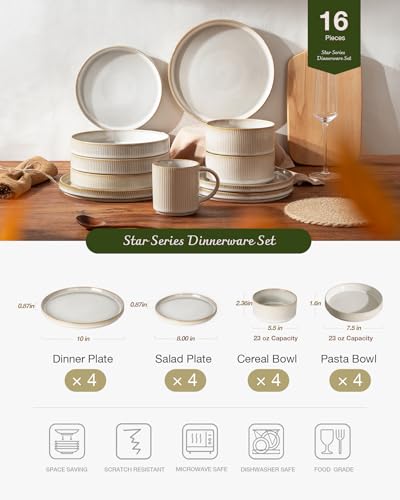 Image of Famiware Star Dinnerware Set with Pasta Bowls, Service for 4 (16pcs), Ribbed Stoneware Plates and Double Bowls Dishes Sets - Chip & Scratch Resistant, Microwave & Dishwasher Safe, Cappuccino White