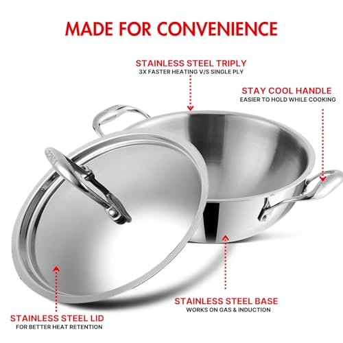 Vinod Platinum Triply Stainless Steel Extra Deep Kadhai with Lid, 5.5L Capacity (30 cm) | Triply Stainless Steel Kadai, Silver | Induction & Gas... - Image 7