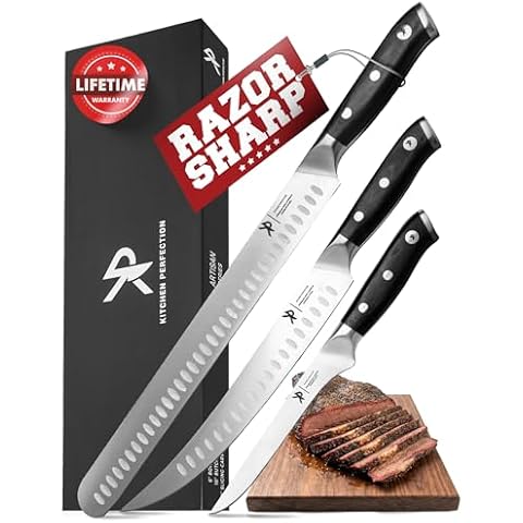 KITCHEN PERFECTION 3-Piece BBQ Slicing & Carving Meat Knife Set -12” Brisket Knife, 10” Butcher Knife, 6” Boning Knife with Sheaths -Razor Sharp German Steel,Full Tang Ergonomic Handles- Gifts for Men Cover