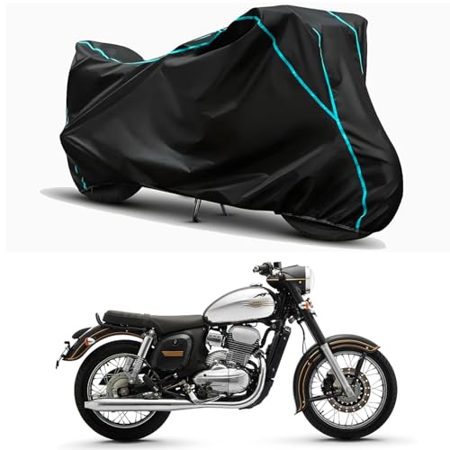 Image of Waterproof Bike Body Cover Compatible for | Jawa Single Channel | Taffeta Fabric, Sky Piping Design, Bottom Elastic Fit | Dustproof, Sun UV & Rain Protection for All Weather.