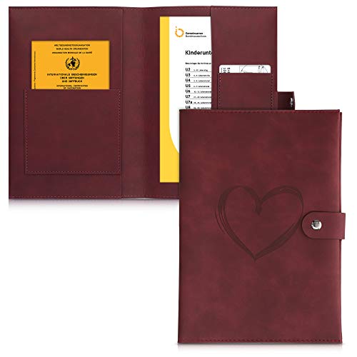 kwmobile Kunstleder Hülle für deutsches Untersuchungsheft - U-Heft Hülle und Impfpass Hülle - extra Fächer - Cover Herz Brush Dunkelrot