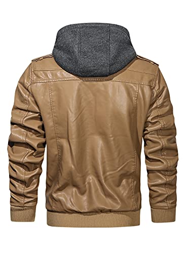 Image of HOOD CREW Men's Casual Stand Collar PU Faux Leather Zip-Up Motorcycle Bomber Jacket With a Removable Hood
