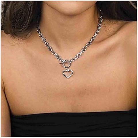 Allereya Boho Love Heart Choker Necklace Silver Paper Clip Necklace Heart Toggle Necklace Open Circle T Bar Necklaces Chain Jewelry for Women and Girls (Silver) Cover