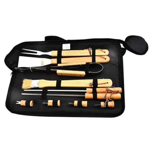 ibasenice Juego de Utensilios Mango de Madera y Metal para Parrilla de Camping con 10 Piezas Bolsa Portátil Reutilizable para Fiestas al Aire Libre y Barbacoa