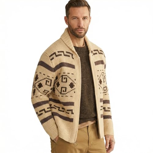 Mens Zip Up Sweater Grandpa Cardigan Shawl Collar Cable Knit