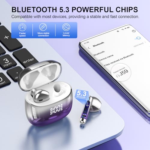 Wireless Earbuds, Bluetooth Headphones 48H Playtime Ear Buds with LED Power Display, IPX7 Waterproof Bluetooth 5.4 Earphones in-Ear Earbuds with 4 Mic for Android iOS Cell Phone Laptop, Purple - Thumbnail 5