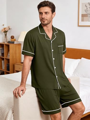 Image of Mens 2 Piece Short Sleeve Button Down Pajama Set, S-3XL | Soft Modal Fabric, Cool Lightweight Sleepwear & Loungewear with Pockets, Home Relaxing