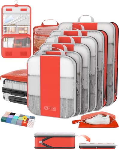 Image of OlarHike 10 Set Compression Packing Cubes for Travel Essentials,Compressible Expandable Packing Cubes for Suitcase,Luggage Garment Bags with Over 99 pcs of Mesh Holes(Orange)