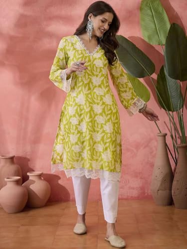 Image of Women's Floral Printed Cotton Afgani Kurta with Lace Detail Full Sleeves