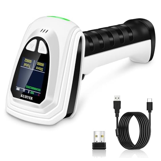 KUIIYER 1D QR 2D Barcode Scanner, Bluetooth Wireless Bar Code Scanners with Setting Keypad & LCD Screen Display & AI Voice, Handheld Barcode Reader for iPhone, Android, iPad, Tablet, Computers & POS