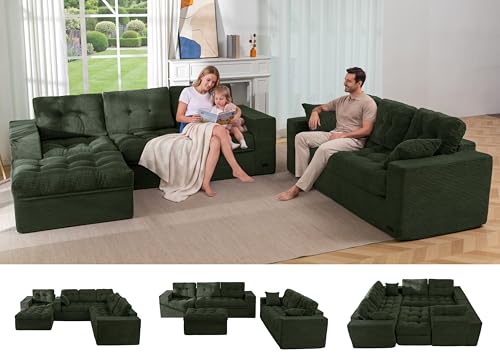 Image of MAXYOYO Modular Sectional Sofa with Ottoman and Loveseat, Cloud Boneless Couch with Layered Cushion, Flexible Module Combination Sofa for Living Room, No Assembly Required,Dark Green