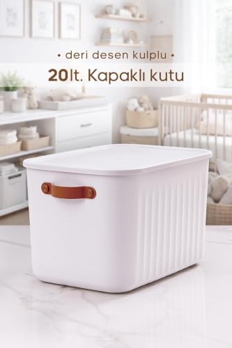 Saklama Kutusu, Kulplu Beyaz Dolap Düzenleyici 20 L Kapaklı Sepet Oyuncak Kutusu Organizer