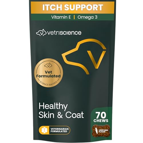 VetriScience Healthy Skin & Coat Chews, Derma Strength Omega-3 Salmon Oil Supplement for Dogs, Omega Skin and Coat Chews, Skin Health, Coat Growth, Fish Oil and Vitamin E, Veggie, 70 Count