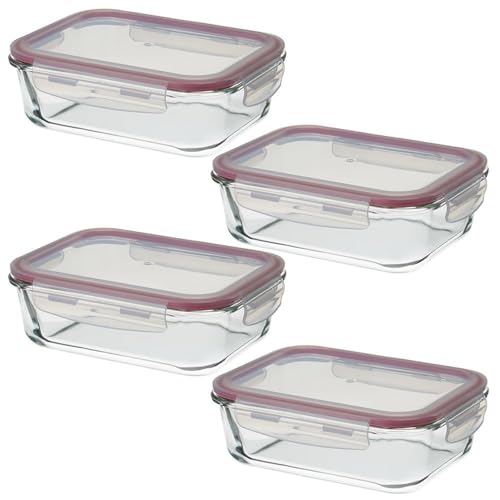 LOLAhome Set de 4 fiambreras de cristal con tapa hermética de 1040 ml. Juego de 4 recipientes herméticos de vidrio de borosilicato transparente apto para microondas, horno hasta 400ºC y congelador.