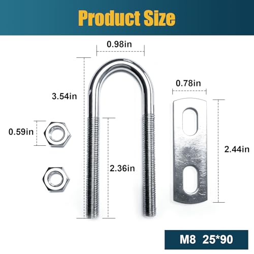 Image of 2 Sets M8 U-Bolt, 1 inch Wide U Bolt with Washers and Nuts, Heavy Duty Galvanized Carbon Steel Round U Bolts for Trailers, Boats, Replacement Parts and Accessories for Ski Boat, Fishing Boat