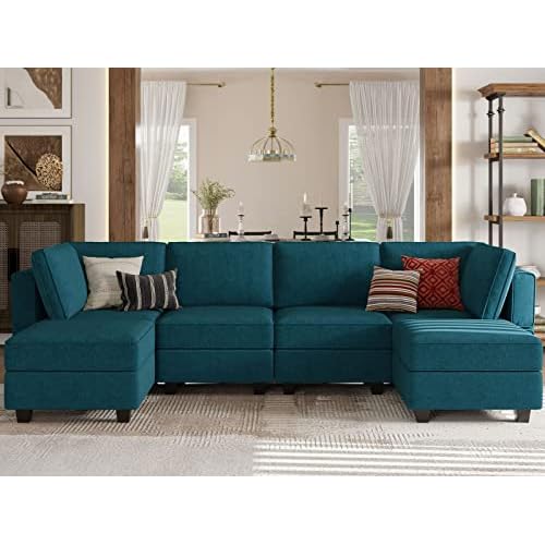 Belffin U Shaped Sofa Modular Couch Reversible Storage Ottoman 6 Seater Sofa Large Couches U Shape Sofas Peacock Blue U Shape 1 Peacock Blue