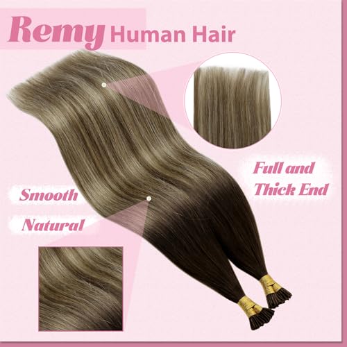 Image of YoungSee I Tip Hair Extensions Balayage, I-tip Microlink Hair Extensions, Balayage Drak Brown with Blonde, Human Hair I Tip Extension, 18 Inch 55 Strands 50g, for Adding Hair Volume