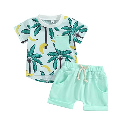 Carolilly Ensemble Short Enfant Bébé Garçon Eté T-Shirt Hawaien à Manches Courtes + Shorts Taille Elastique avec Poches (0-3 ans) (Vert, 18-24 Months)