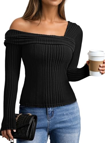 Viottiset Womens Fashion Off The Shoulder Tops Long Sleeve Knit Shirt Drop Shoulder Sweater Top