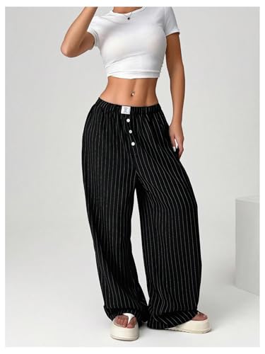 Floerns Women's Plus Size Striped Wide Leg Pants Button Elastic Waist Casual Trousers4