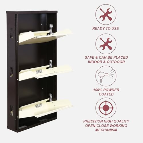 Image of Metal Shoe Rack Wall Mounted for Home with Central Locking 3 Door 20 inch Wall Mounted Metal 6 Pair Rack Cabinet Pre-Assembled Shoe Rack Shelves | 3 Year Warranty (Brown & Ivory)
