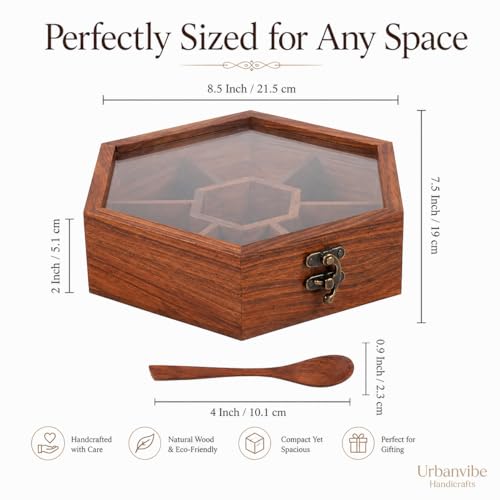Image of Wooden Spice Box with 7 Compartments | Handmade Masala Dabba for Kitchen Storage | Premium Wooden Spice Organizer with Transparent Glass Lid | Multipurpose Storage Box