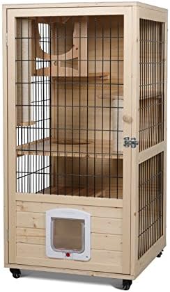 PANTAZO Wooden Cat House Large Space Cat Cage with Scratching Post and Lockable Wheels Double Layer Cat House with Escape Door Outdoor/Indoor (Medium)
