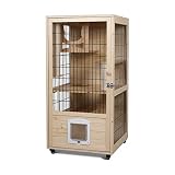 PANTAZO Wooden Cat House Large Space Cat Cage with Scratching Post and Lockable Wheels Double Layer